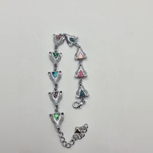 Vintage Paua Abalone Shell Bracelet Inlay Link Multi Color Silver Tone Heart
